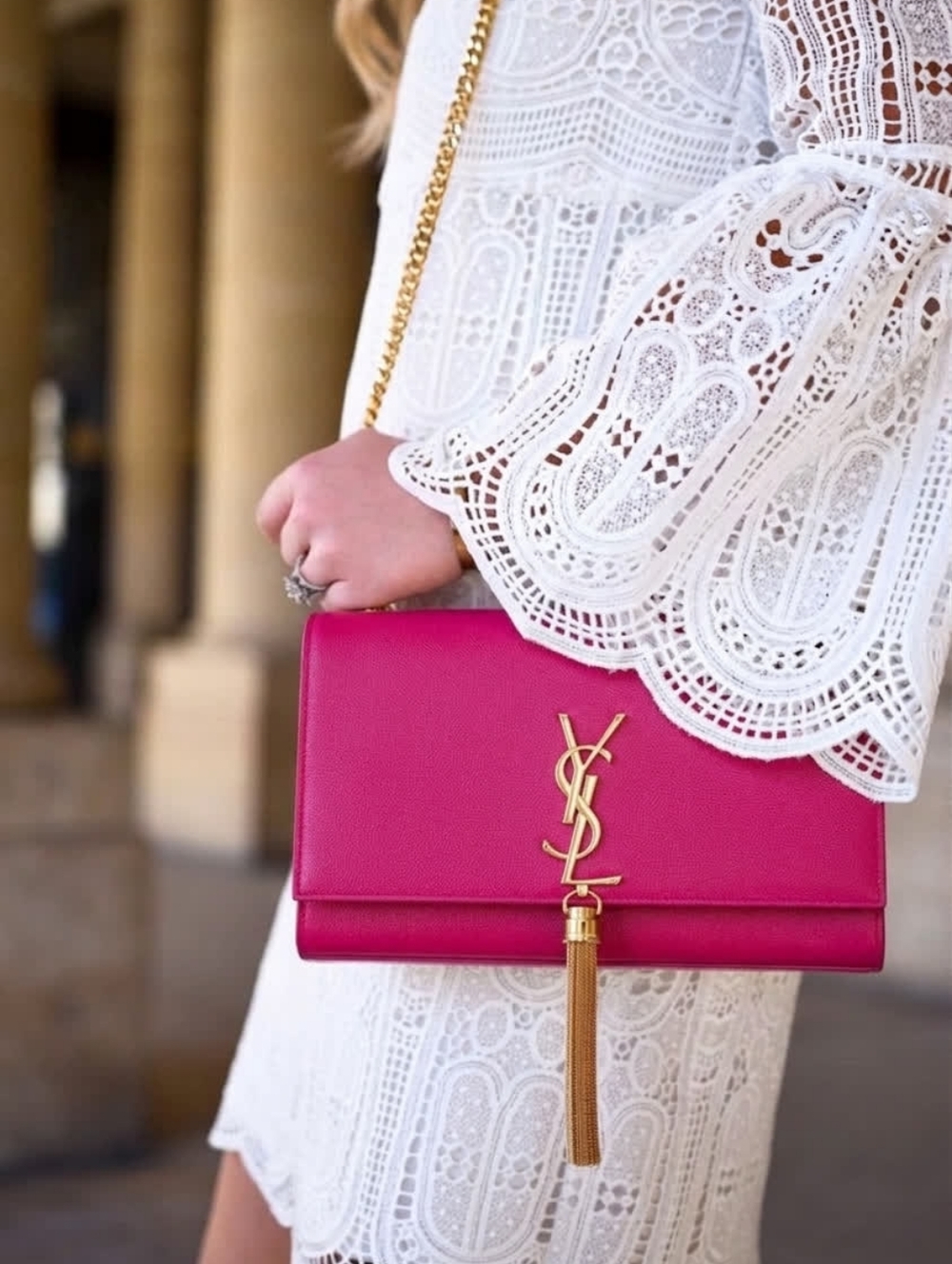 Saint Laurent Kate Tassel Medium Bag Fuchsia Pink Leather Gold Hardware Italy